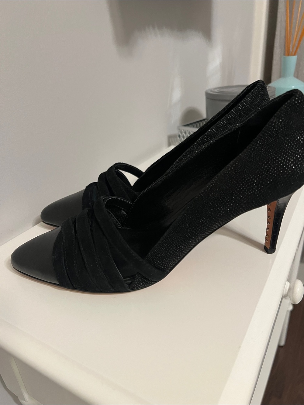Rebecca Minkoff Black Pointed-Toe Suede-Accented Pumps